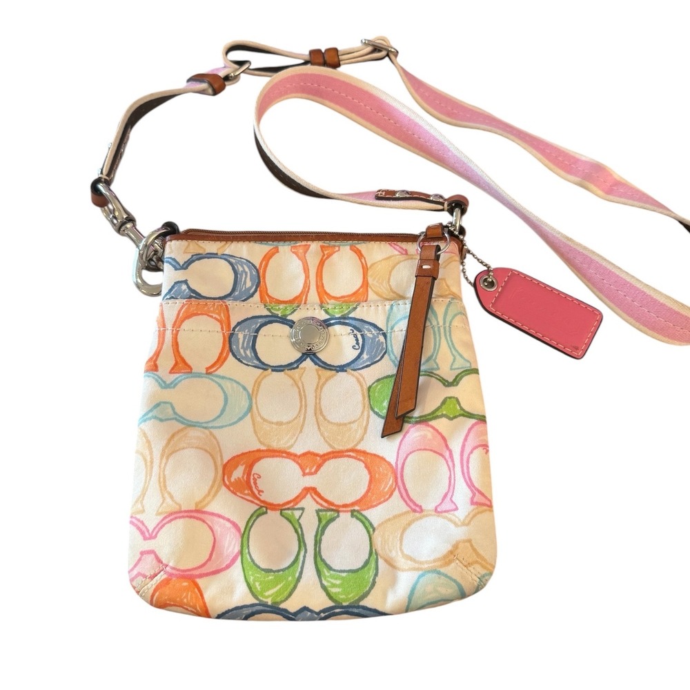 Coach Multicolor Scribble Signature Crossbody Bag White Canvas Leather Trim